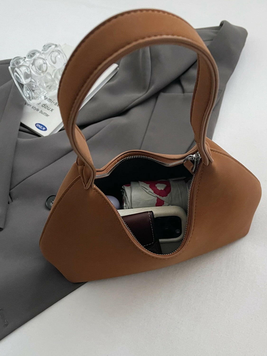 Suede Shoulder Bag with Zip.