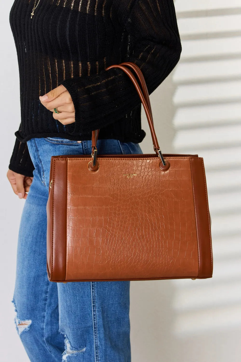 David Jones Texture PU Leather Handbag - Premium Handbags from Trendsi - Just $52.99! Shop now at Handbags Specialist Headquarter