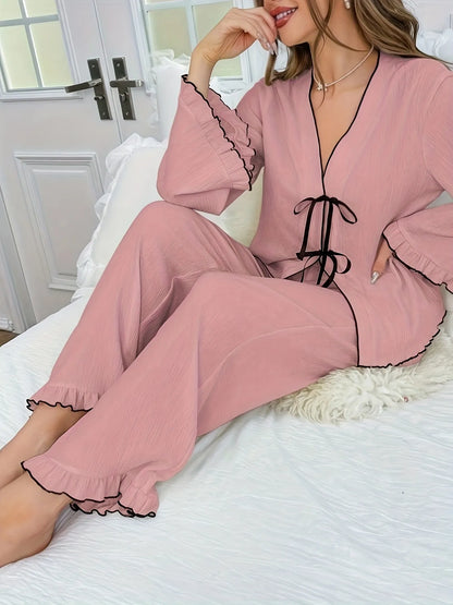 Contrast Trim Bow Tie Shirt and Pants Lounge Set - Premium Sleepwear from Trendsi - Just $31.99! Shop now at Handbags Specialist Headquarter