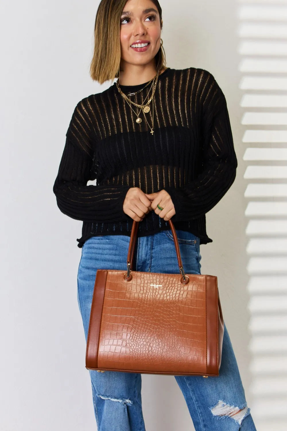 David Jones Texture PU Leather Handbag - Premium Handbags from Trendsi - Just $52.99! Shop now at Handbags Specialist Headquarter