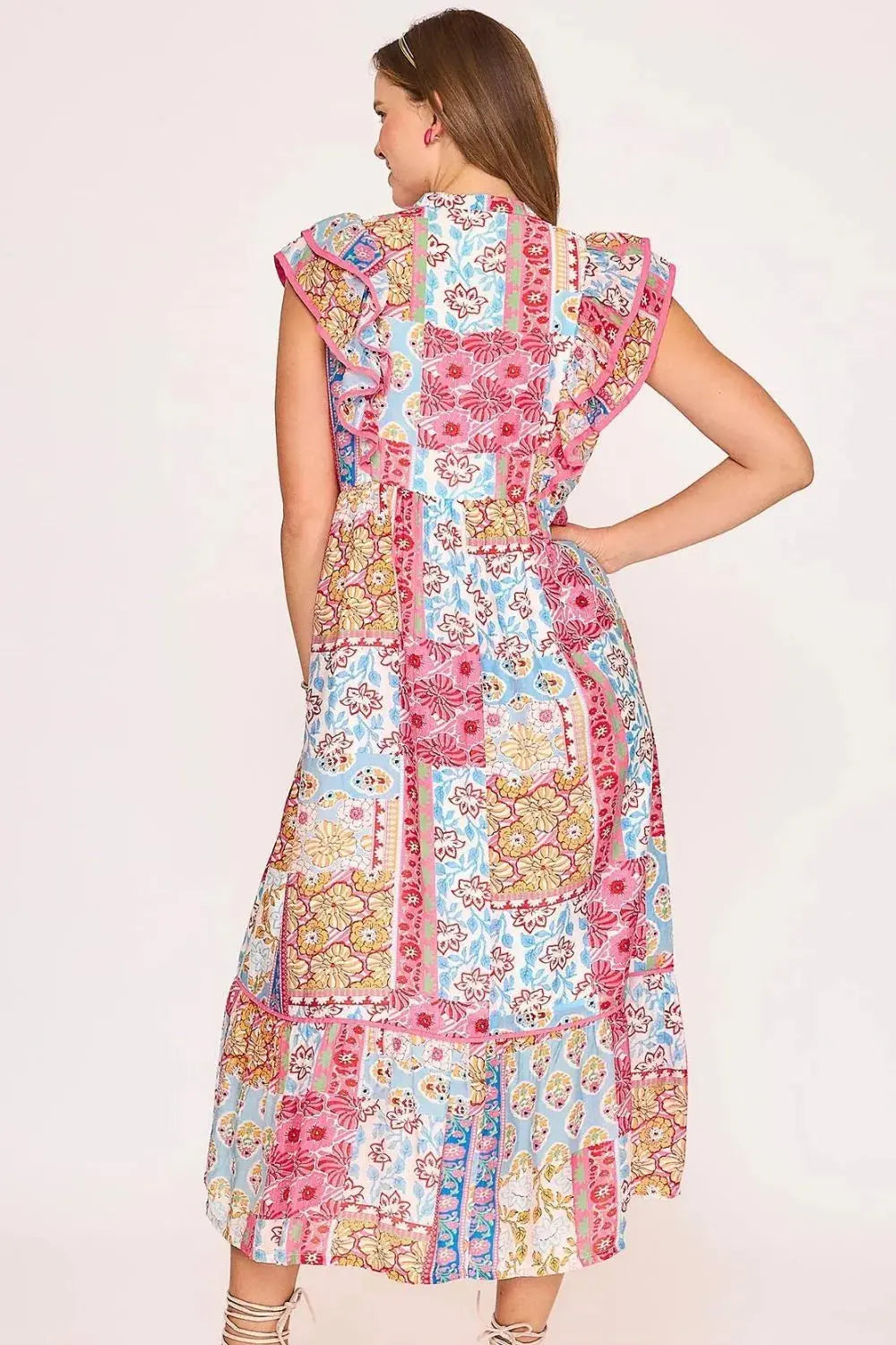 Umgee Full Size Tie Neck Double Layered Ruffle Sleeve Midi Dress Plus Size.