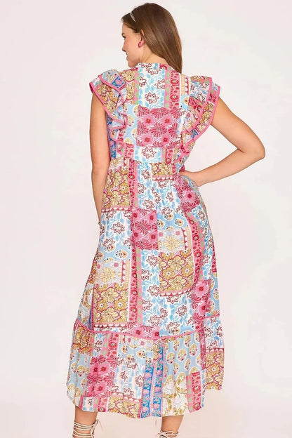 Umgee Full Size Tie Neck Double Layered Ruffle Sleeve Midi Dress Plus Size.