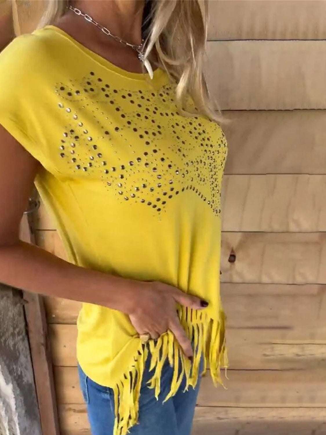 Studded Fringe Round Neck Cap Sleeve T-Shirt - Premium Women / Tops from Trendsi - Just $26.28! Shop now at Handbags Specialist Headquarter