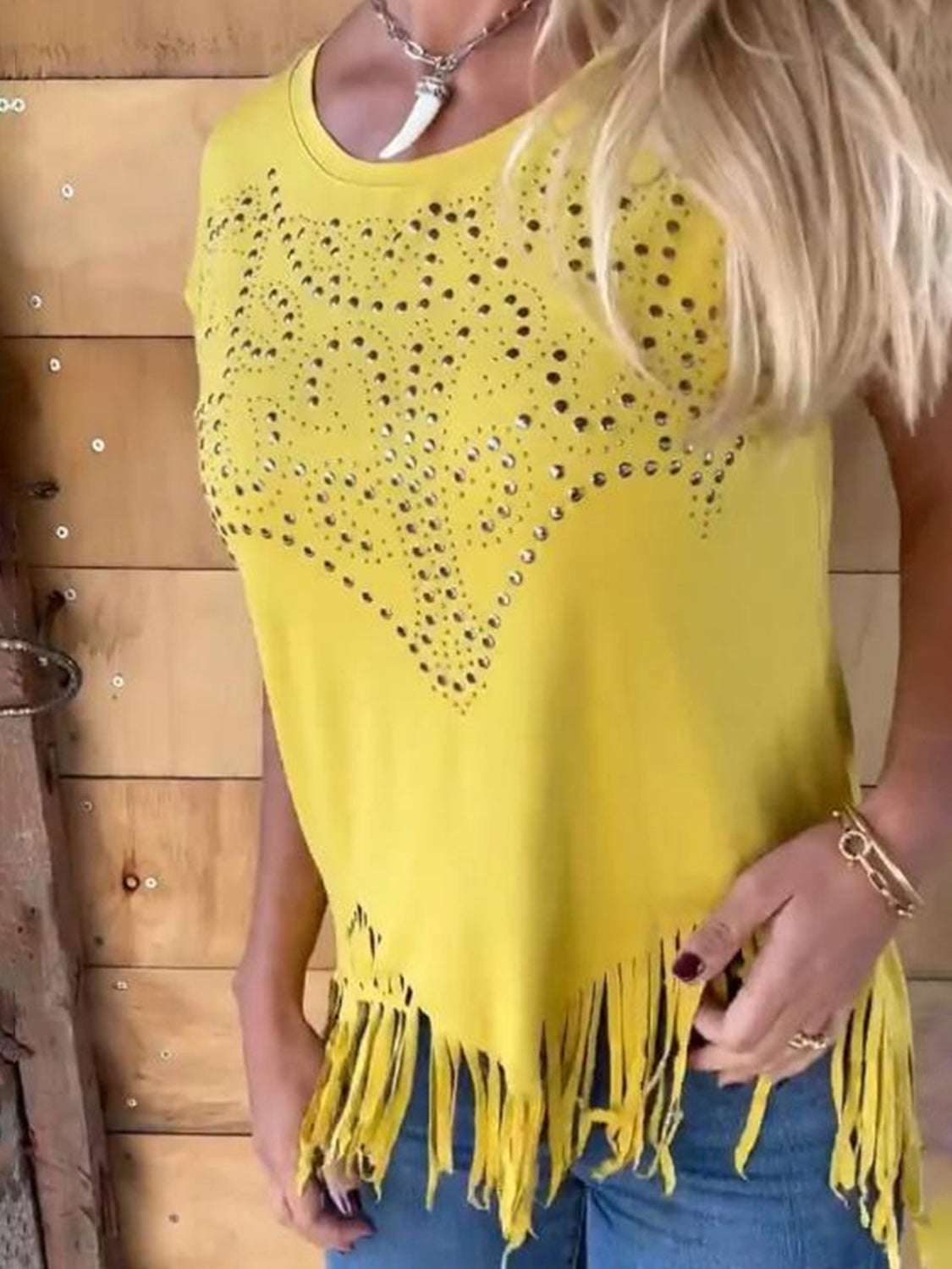 Studded Fringe Round Neck Cap Sleeve T-Shirt - Premium Women / Tops from Trendsi - Just $26.28! Shop now at Handbags Specialist Headquarter