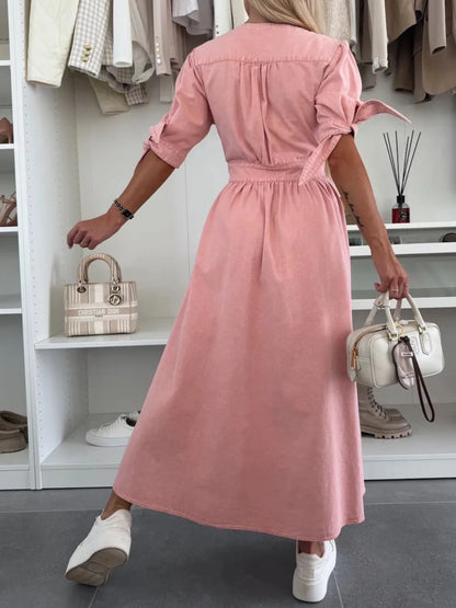 Button Front V-Neck Half Sleeve Denim Dress - Premium Women / Jeans & Denim from Trendsi - Just $53.68! Shop now at Handbags Specialist Headquarter