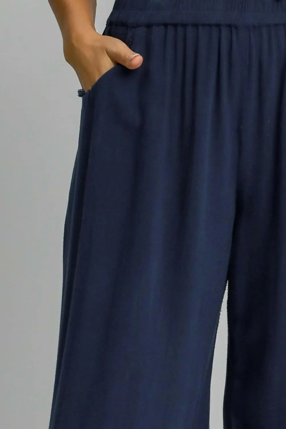 Umgee Full Size Linen Blend Elastic Waistband Wide Leg Pants Plus Size.