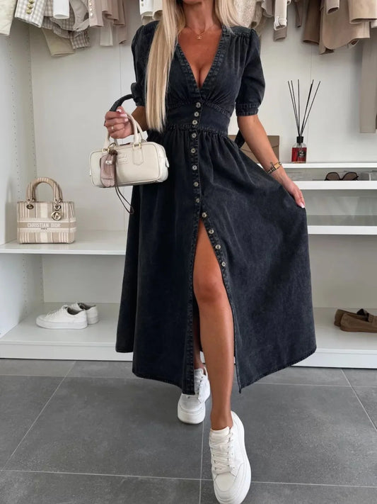 Button Front V-Neck Half Sleeve Denim Dress - Premium Women / Jeans & Denim from Trendsi - Just $53.68! Shop now at Handbags Specialist Headquarter