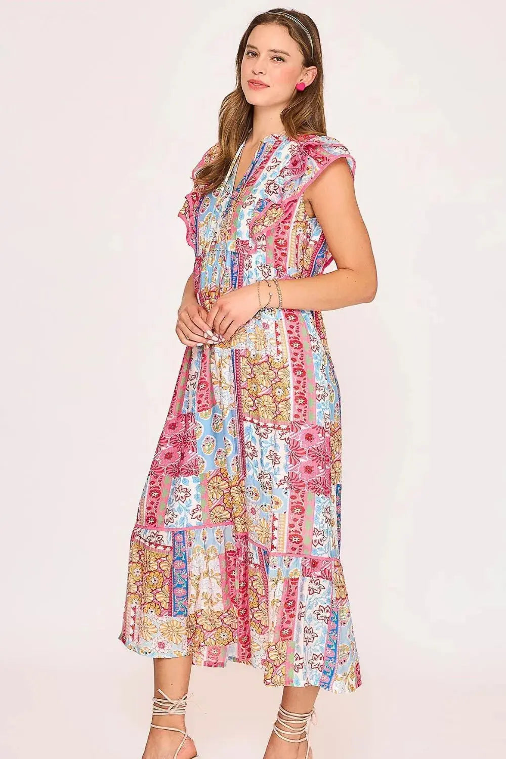Umgee Full Size Tie Neck Double Layered Ruffle Sleeve Midi Dress Plus Size.