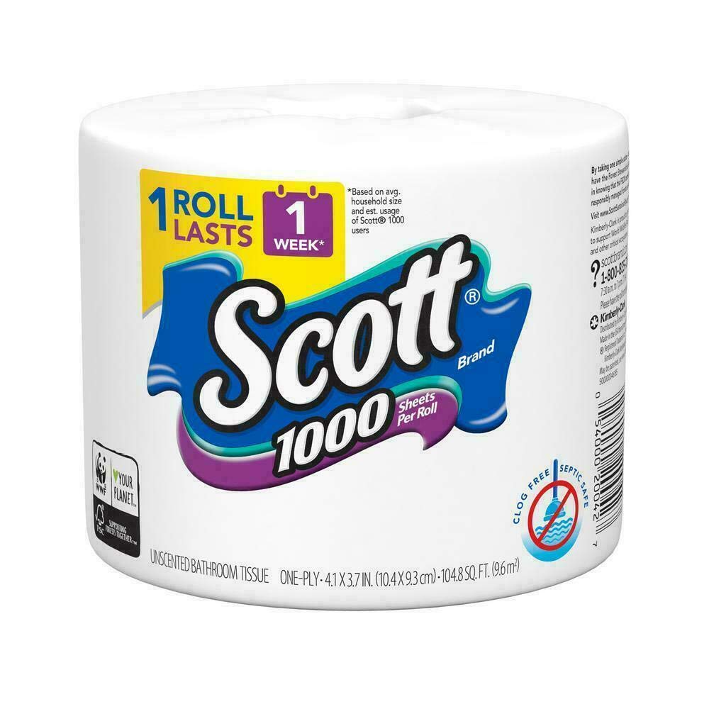 Scott 1000 Toilet Paper, 32 Rolls, Septic-Safe, 1-Ply Toilet Tissue