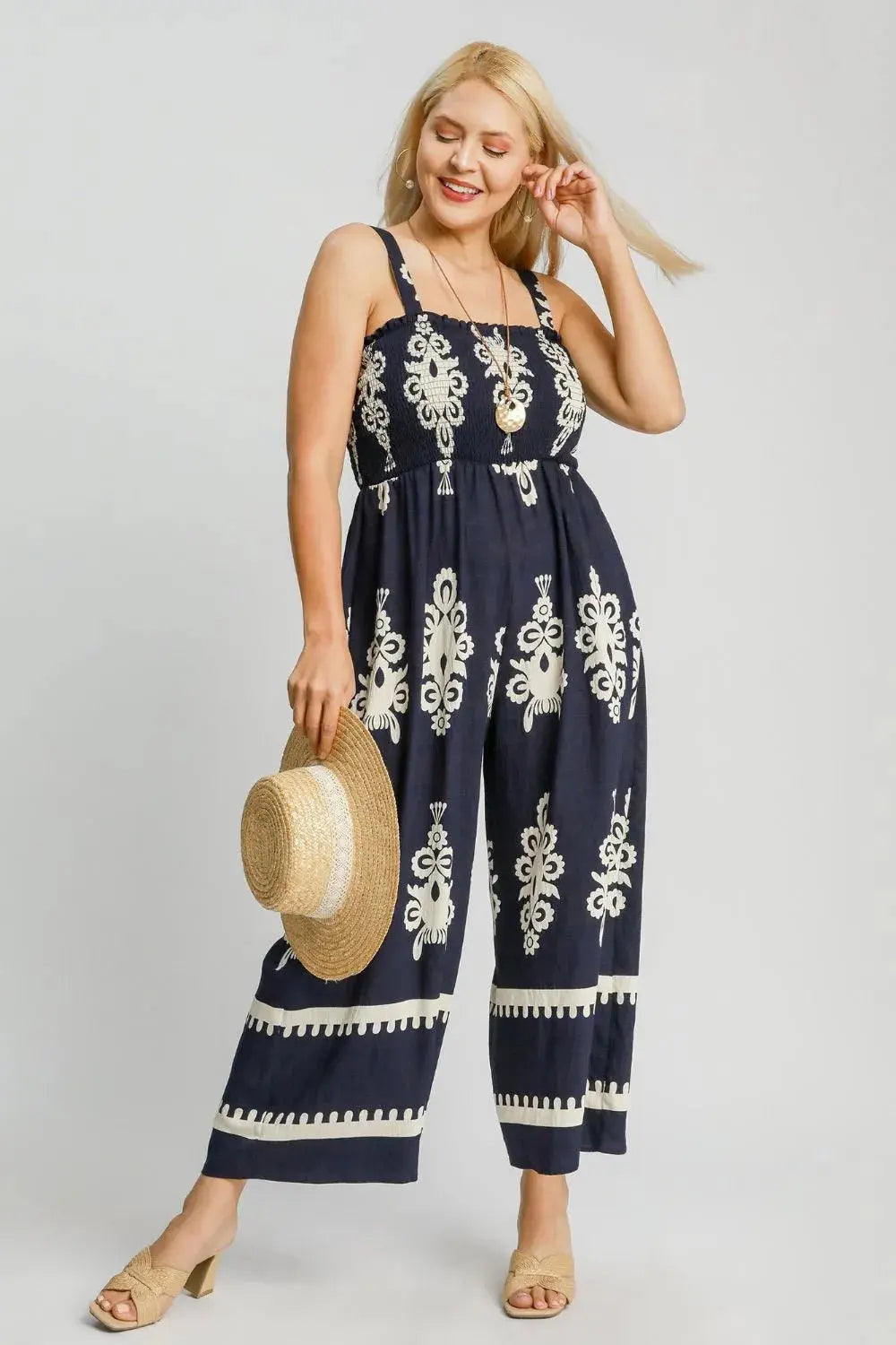 Umgee Full Size Smocked Printed Wide Leg Jumpsuit Plus Size.