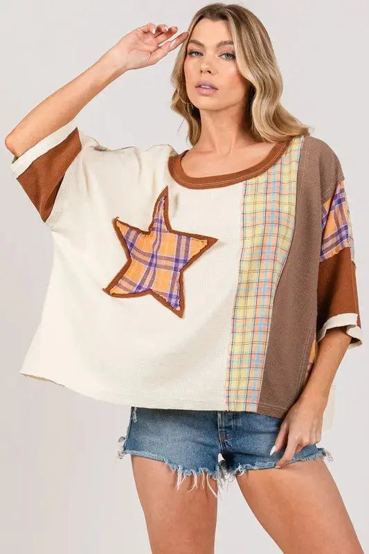 SAGE + FIG Plus Size Round Neck Plaid Star Patch T-Shirt.