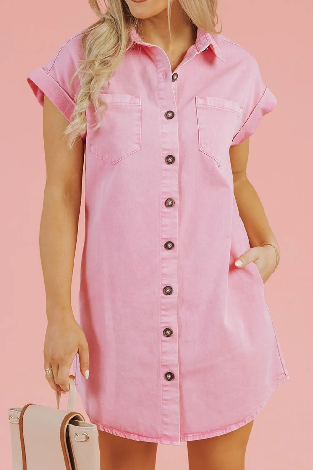 Button Down Short Sleeve Denim Dress - Premium Women / Jeans & Denim from Trendsi - Just $55.46! Shop now at Handbags Specialist Headquarter