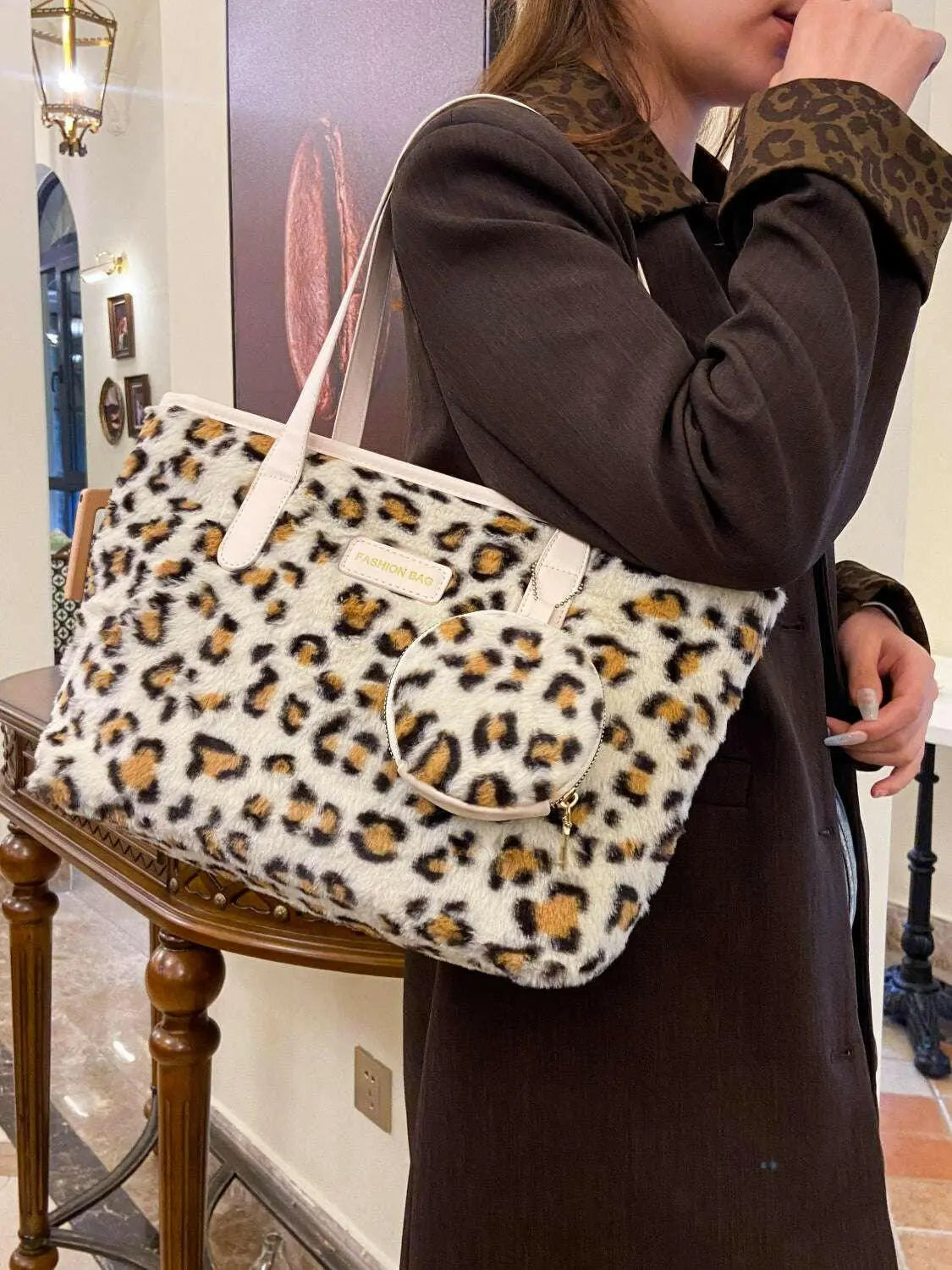 Leopard Faux Fur Tote Bag with Coin Purse.