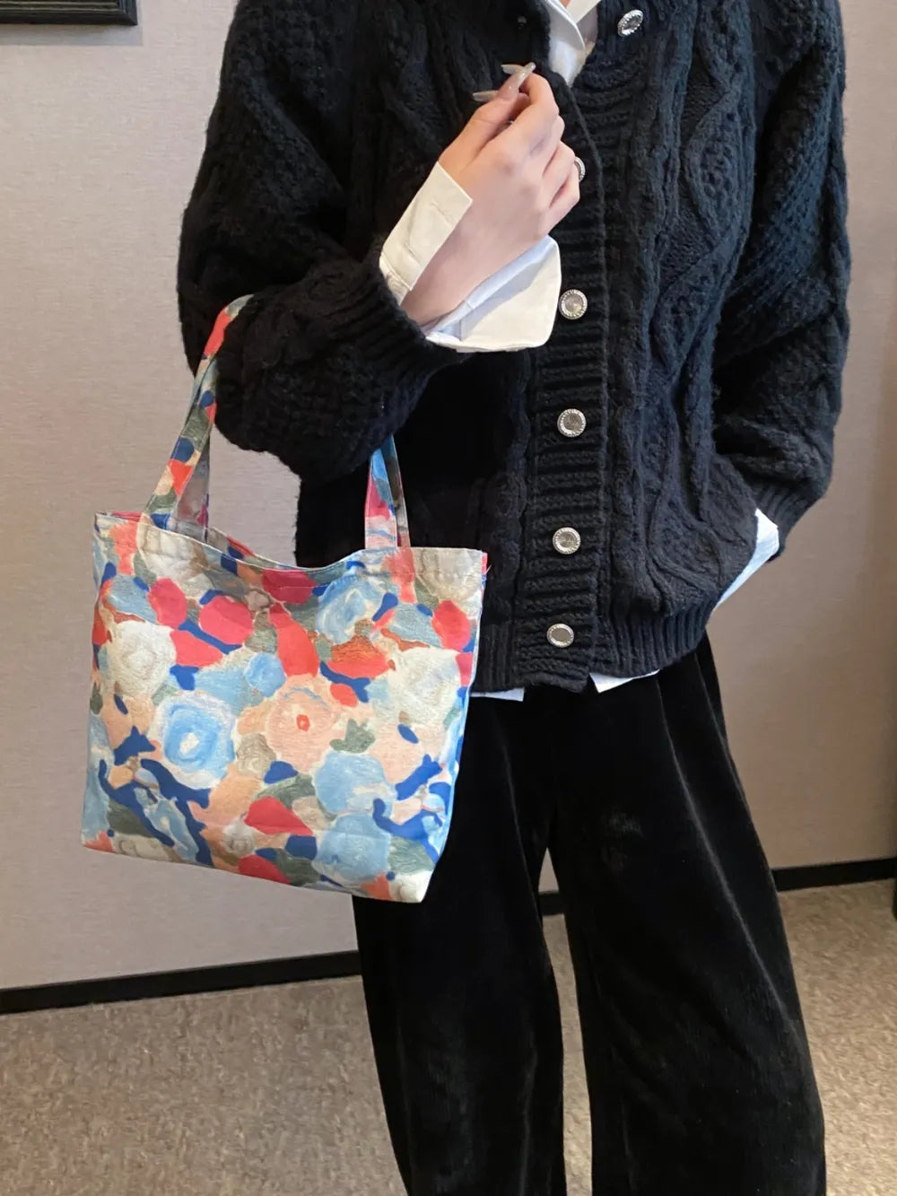 Printed Canvas Handbag with Zipper - Premium Handbags from Trendsi - Just $21.99! Shop now at Handbags Specialist Headquarter