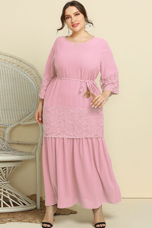 Plus Size Spliced Lace Tassel Belted Dress - Premium Dresses from Trendsi - Just $60.99! Shop now at Handbags Specialist Headquarter