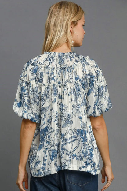 Umgee Full Size Floral Print Metallic Ruffle Blouse Plus Size - Premium Dresses from Trendsi - Just $48.99! Shop now at Handbags Specialist Headquarter
