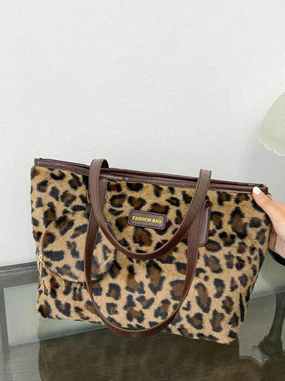 Leopard Faux Fur Tote Bag with Coin Purse.