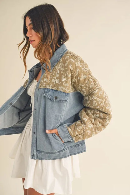 MABLE Quilted Paisley Print Contrast Denim Jacket - Premium Women / Jeans & Denim from Trendsi - Just $71.56! Shop now at Handbags Specialist Headquarter