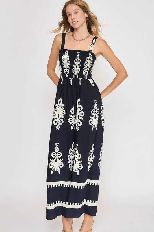 Umgee Full Size Smocked Printed Wide Leg Jumpsuit Plus Size.