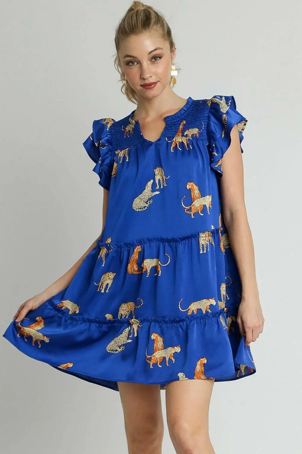 Umgee Full Size Cheetah Print Notched Ruffle Layered Cap Sleeve Mini Dress Plus Size.