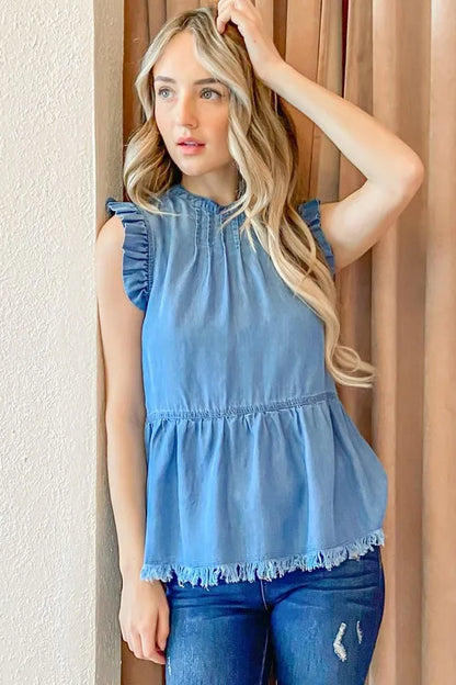 And The Why Chambray Ruffle Sleeveless Top - Premium Women / Jeans & Denim from Trendsi - Just $38.88! Shop now at Handbags Specialist Headquarter