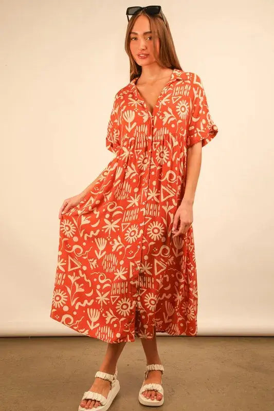 VERY J Plus Size Oversized Printed Shirt Midi Dress.