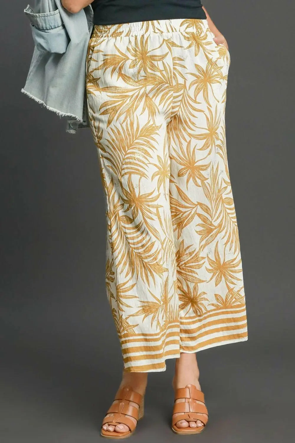 Umgee Full Size Tropical Print Wide Leg Pants Plus Size.