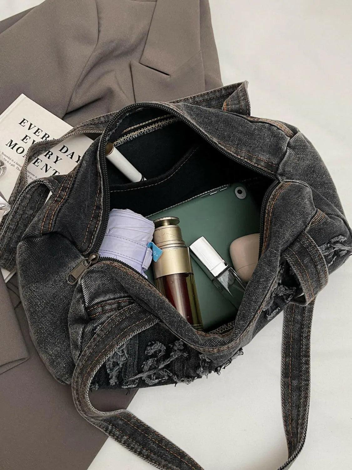 Letter Raw Edge Denim Handbag.