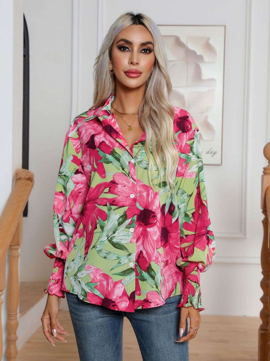 Button Down Printed Long Sleeve Shirt - Premium Women / Tops from Trendsi - Just $21.02! Shop now at Handbags Specialist Headquarter