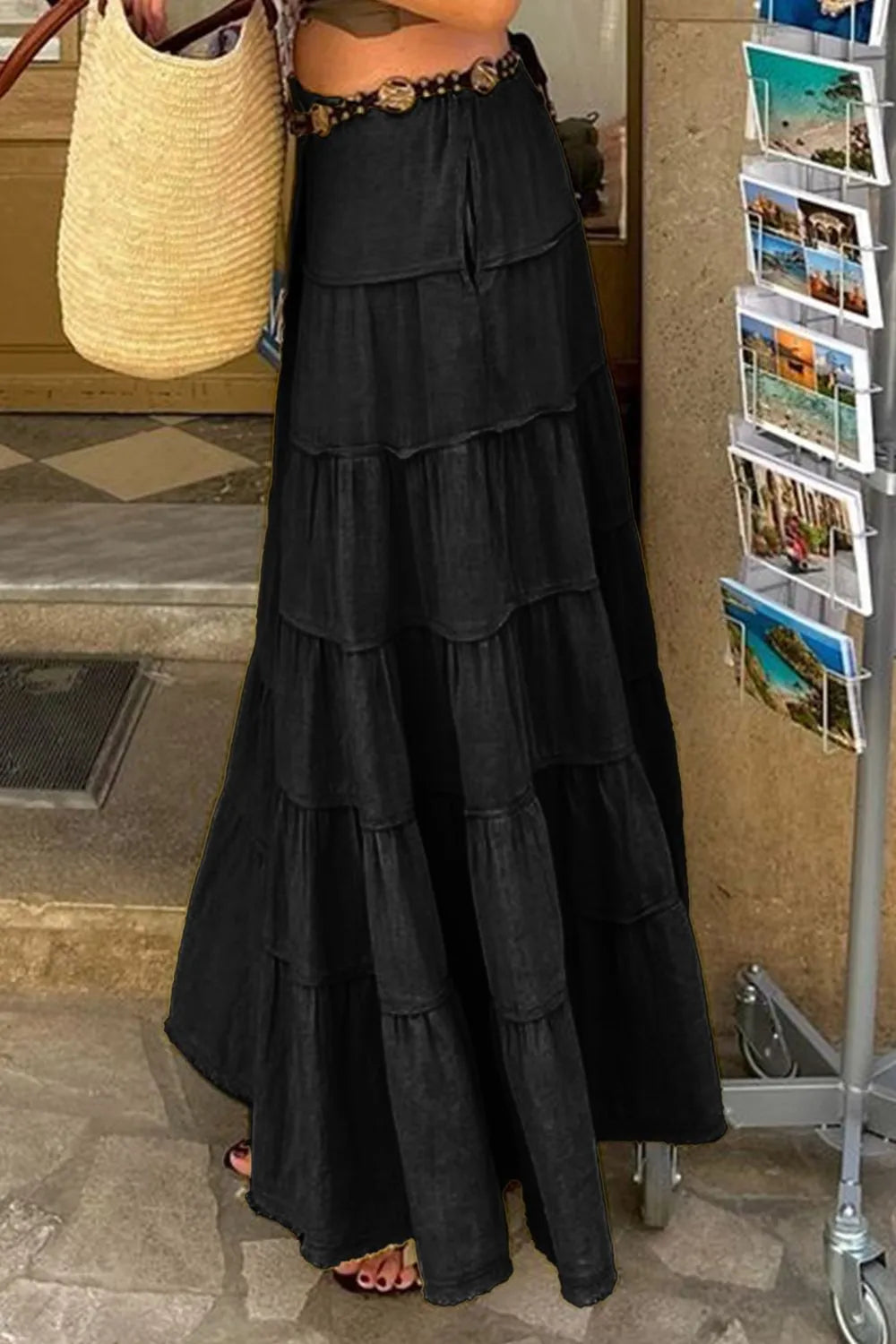 Bohemian Tiered Maxi Skirt with Drawstring Waist - Premium Skirts from Trendsi - Just $38.99! Shop now at Handbags Specialist Headquarter