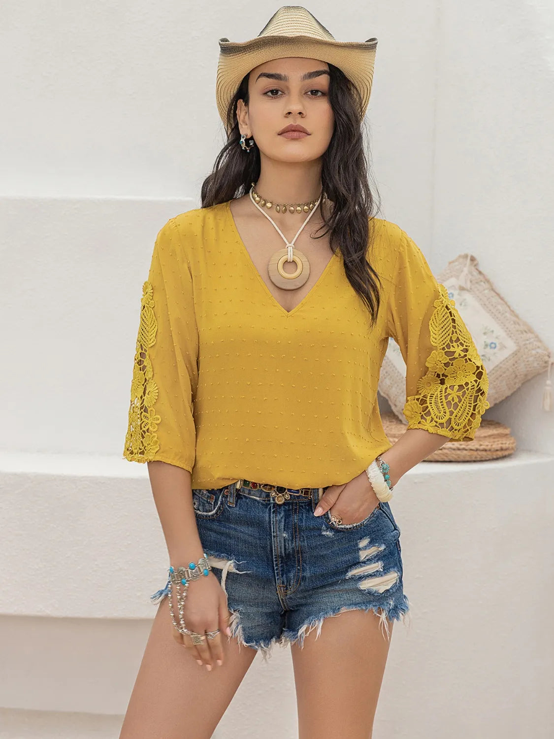 V-Neck Lace Three-Quarter Sleeve Top - Premium Tops from Trendsi - Just $26.28! Shop now at Handbags Specialist Headquarter