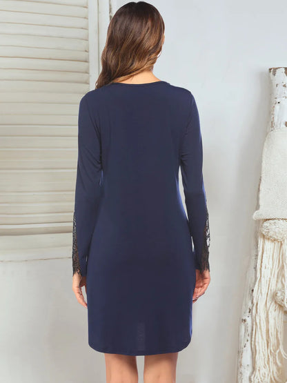 Lace Detail Long Sleeve Mini Lounge Dress - Premium Sleepwear from Trendsi - Just $28.72! Shop now at Handbags Specialist Headquarter