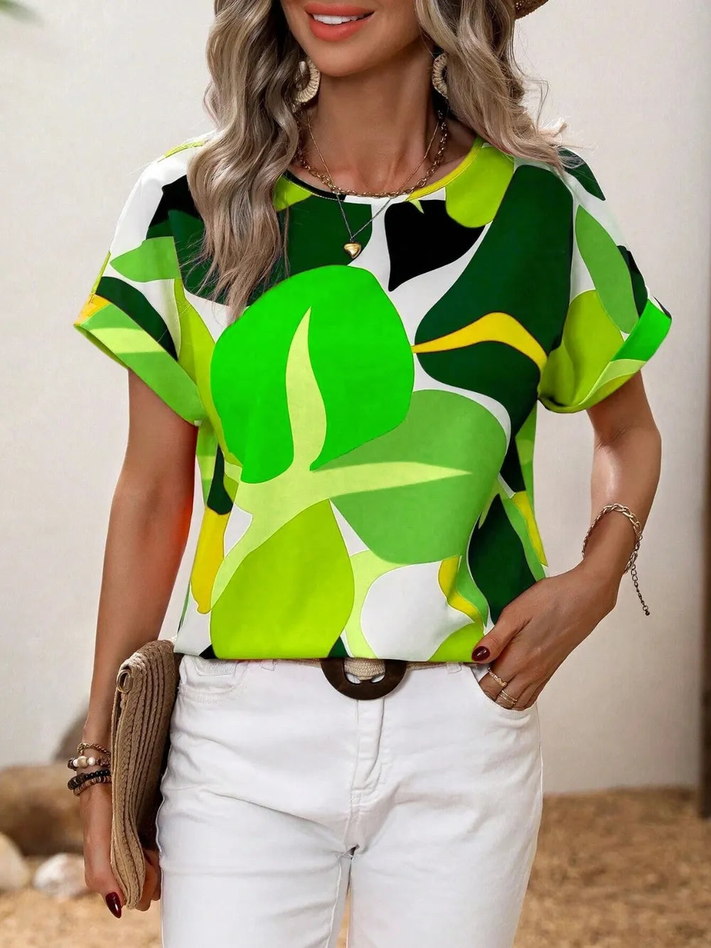 Contrast Round Neck Short Sleeve Blouse - Premium Tops from Trendsi - Just $23.06! Shop now at Handbags Specialist Headquarter
