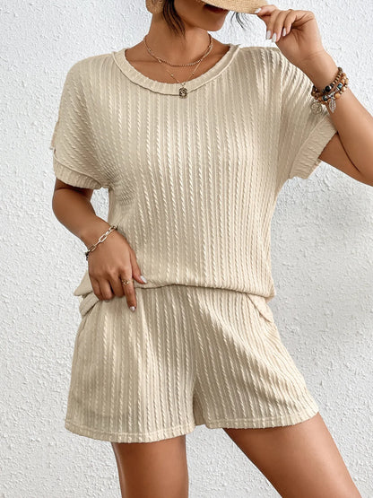 Texture Round Neck Top and Shorts Lounge Set - Premium Sleepwear from Trendsi - Just $39.99! Shop now at Handbags Specialist Headquarter