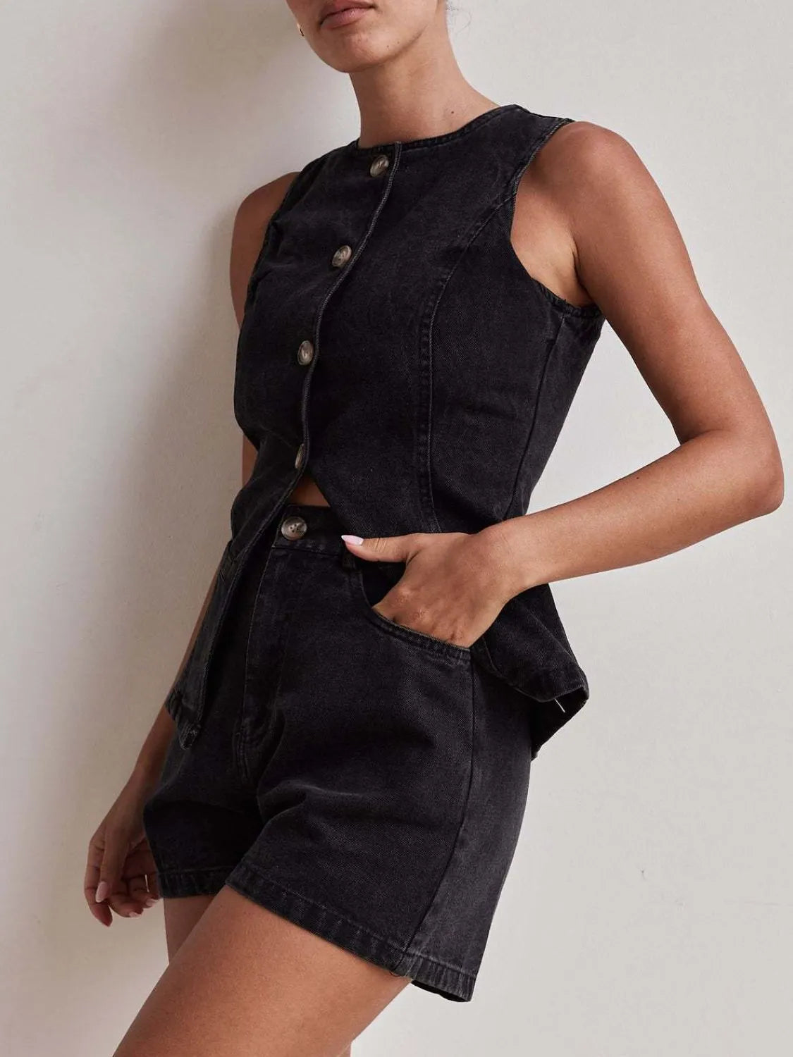 Button Down Vest and Shorts Denim Set - Premium Women / Jeans & Denim from Trendsi - Just $65.12! Shop now at Handbags Specialist Headquarter