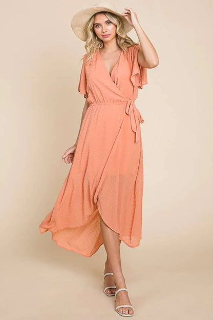 Culture Code Full Size Swiss Dot Tied Slit Short Sleeve Dress - Premium Dresses from Trendsi - Just $49.99! Shop now at Handbags Specialist Headquarter