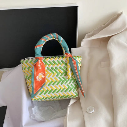 Contrast Woven Handbag with Ribbon - Premium Tote Bag from Trendsi - Just $39.99! Shop now at Handbags Specialist Headquarter