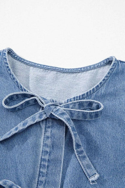 Tied Front Puff Sleeve Peplum Denim Shirt - Premium Women / Jeans & Denim from Trendsi - Just $41.86! Shop now at Handbags Specialist Headquarter