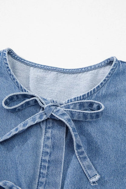 Tied Front Puff Sleeve Peplum Denim Shirt - Premium Women / Jeans & Denim from Trendsi - Just $41.86! Shop now at Handbags Specialist Headquarter