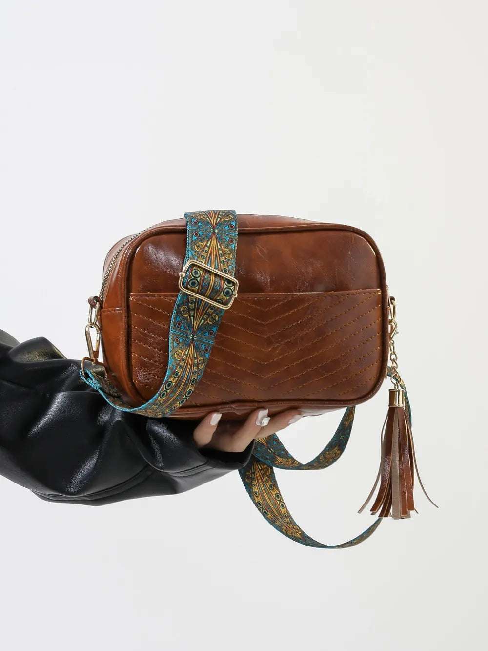 Tassel PU Leather Printed Strap Cassette Crossbody Bag - Premium Crossbody Bag from Trendsi - Just $22.99! Shop now at Handbags Specialist Headquarter