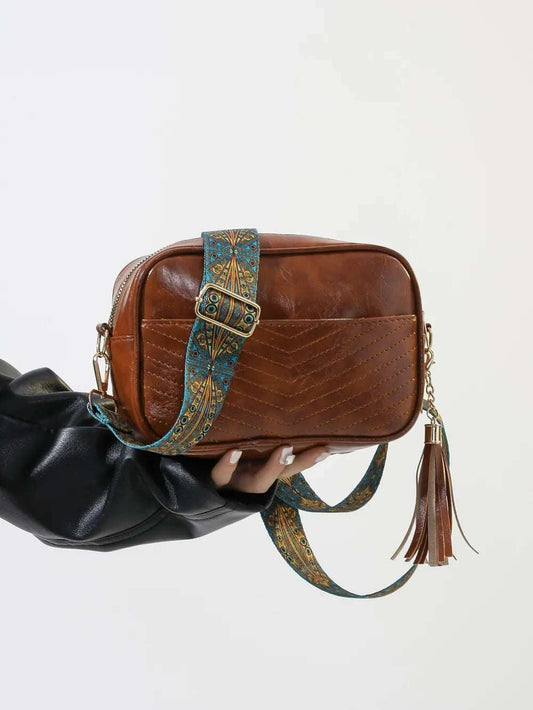 Tassel PU Leather Printed Strap Cassette Crossbody Bag - Premium Crossbody Bag from Trendsi - Just $22.99! Shop now at Handbags Specialist Headquarter
