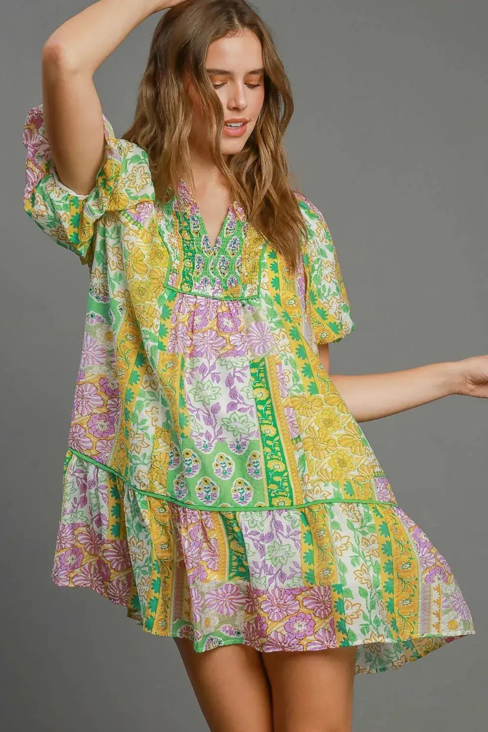 Umgee Full Size Smocked Floral Puff Sleeve Mini Dress Plus Size.