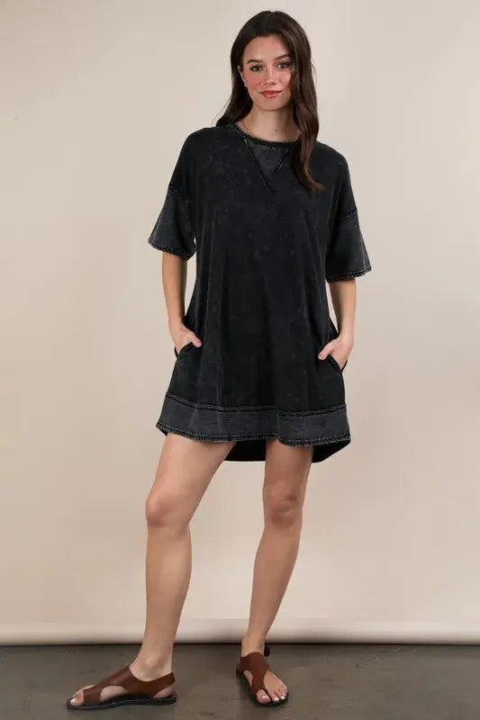 VERY J Plus Size Mineral Washed Comfy Casual Knit Mini Dress.