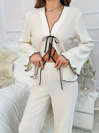 Contrast Trim Bow Tie Shirt and Pants Lounge Set - Premium Sleepwear from Trendsi - Just $31.99! Shop now at Handbags Specialist Headquarter