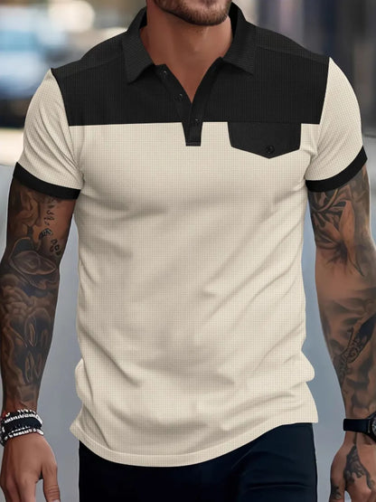 Men's Full Size Waffle-Knit Collared Contrast Polo Plus Size - Premium Men's Shirts from Trendsi - Just $34.40! Shop now at Handbags Specialist Headquarter