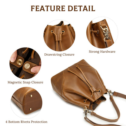 S-ZONE Luxe Leather Drawstring Bucket Bag