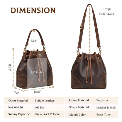 S-ZONE Luxe Leather Drawstring Bucket Bag