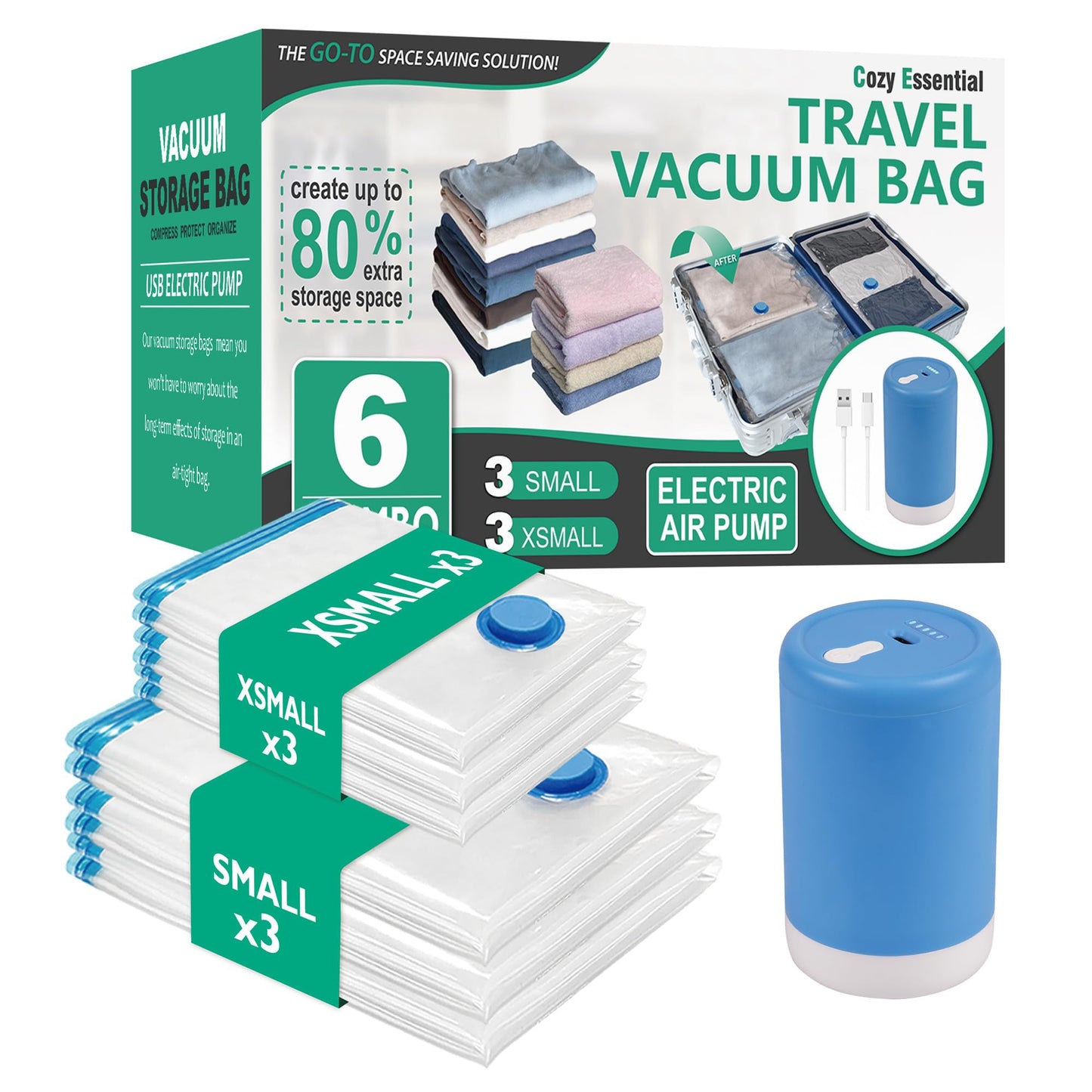 CozyVac Travel Bags with Pump - 6 Pack Space Savers