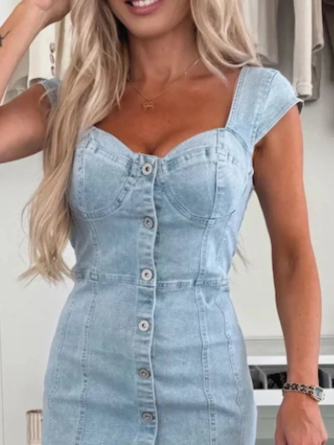 Sweetheart Neck Cap Sleeve Denim Dress - Premium Women / Jeans & Denim from Trendsi - Just $44.74! Shop now at Handbags Specialist Headquarter