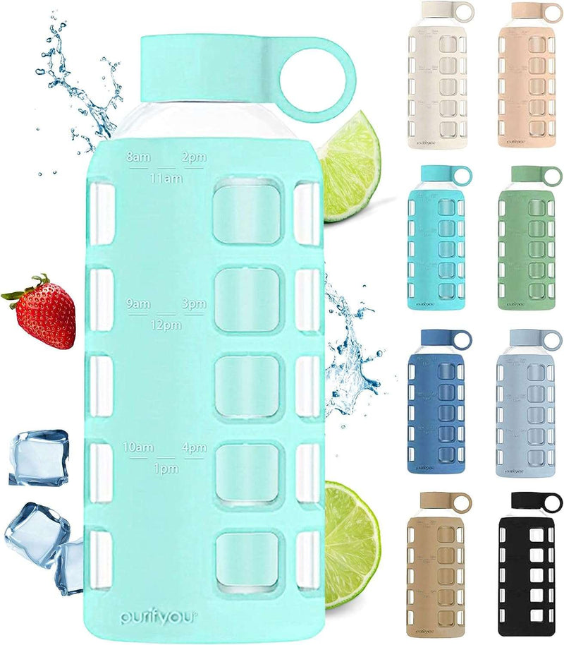 40/32 / 22/12 oz Glass Water Bottles with Volume & Times to Drink, Silicone Sleeve & Stainless Steel Lid Insert, Reusable Bottle for Fridge Water, Milk, Juice (12oz Hazelnut) - Premium Glass Water Bottles from Brand: purifyou - Just $23.99! Shop now at Handbags Specialist Headquarter